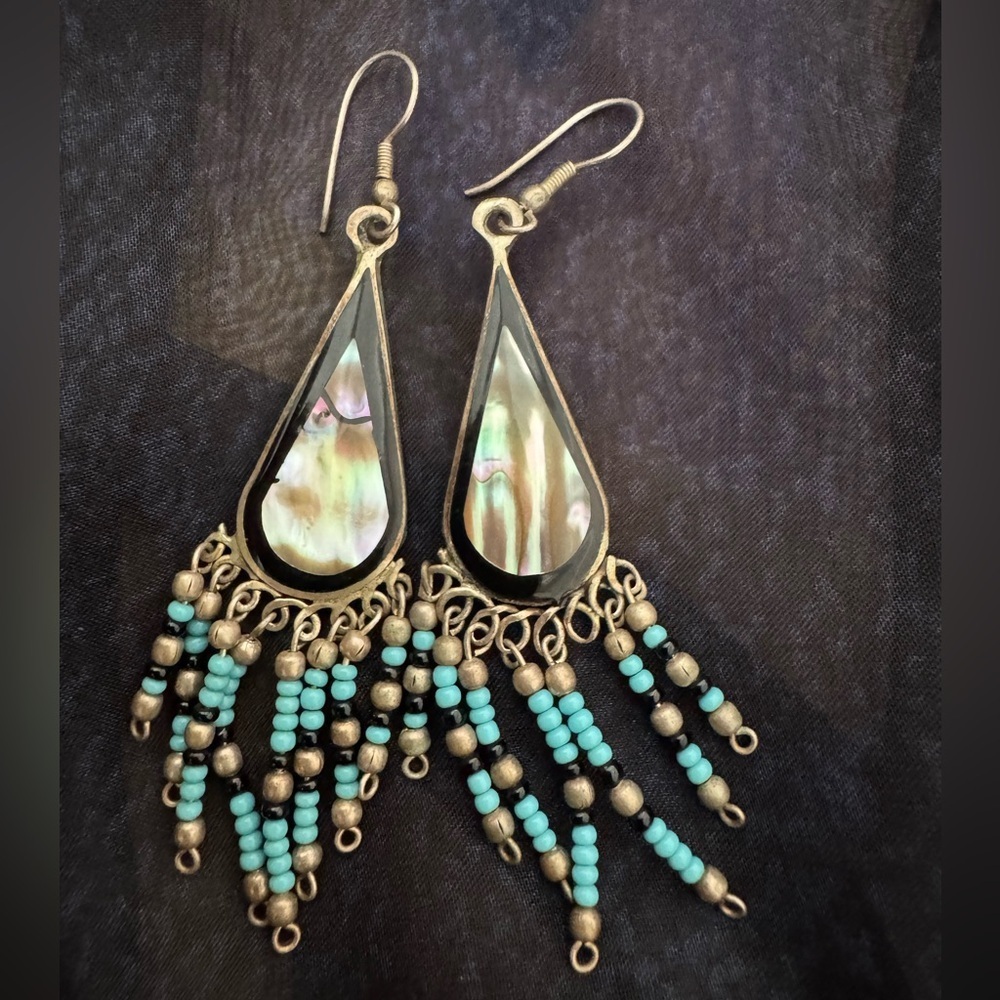 Vintage Alpaca Mexico Abalone & Beaded Fringe Earrings‎ boho